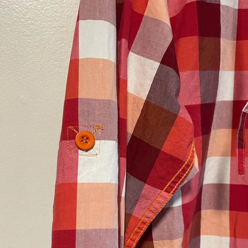 Tanjim Red & Orange Checked Plaid Hooded Button  Up Shirt Jacket - Size Large - Picture 5 of 11